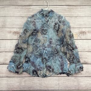 Komarov Krinkle Guaze‎ Crepe Floral Button Up Blouse Women's Large Blue